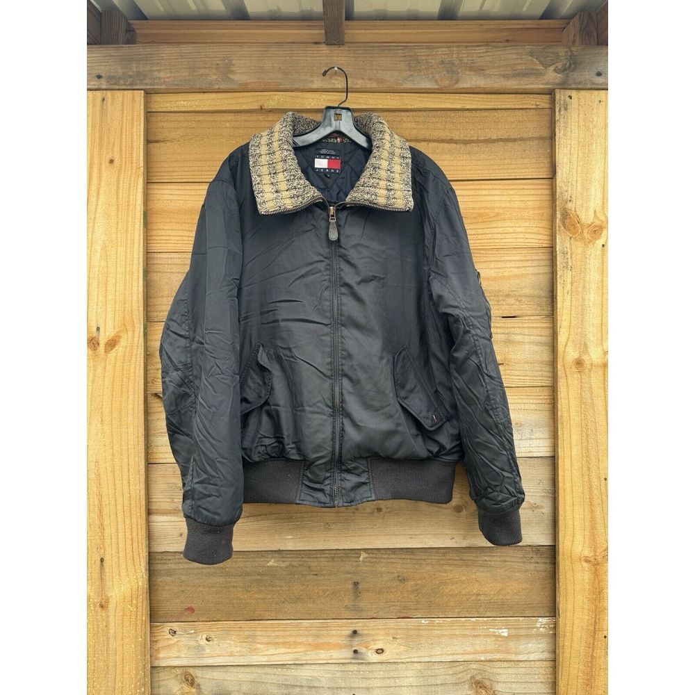 Tommy Hilfiger Mens Large Bomber Jacket Black‎ Quilted Lined Button Pockets (VG)